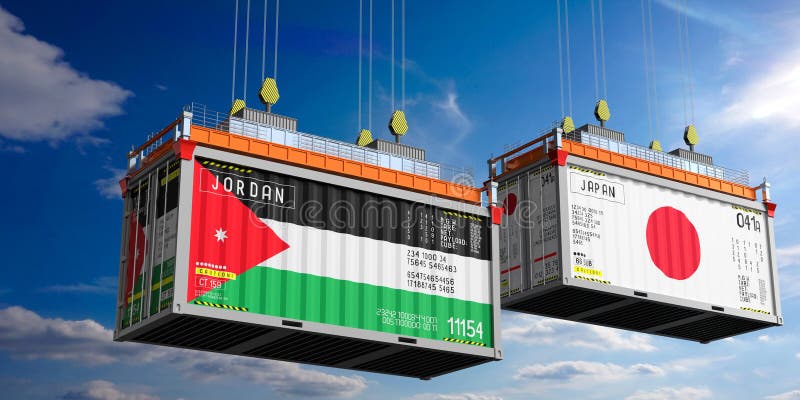 Shipping containers with flags of Jordan and Japan stock illustration