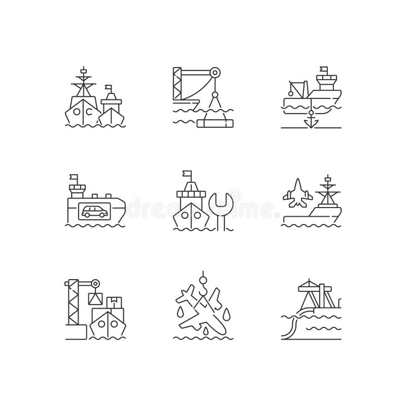 Shipping industry linear icons set