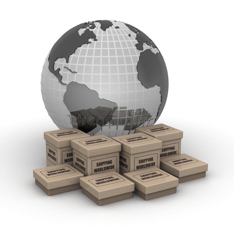 Globe with printed shipping worldwide boxes 3d illustration. Pile boxes illustrations