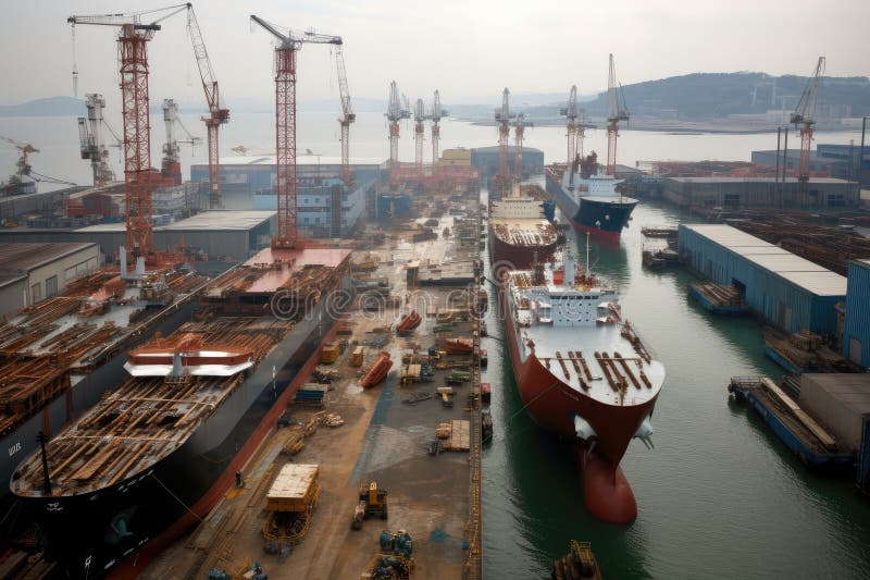 Shipyard, with Dozens of Ships Under Construction and in Various Stages