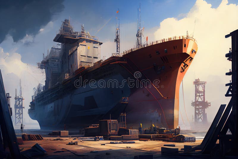 Shipyard, with View of Massive Ship Under Construction Stock Photo