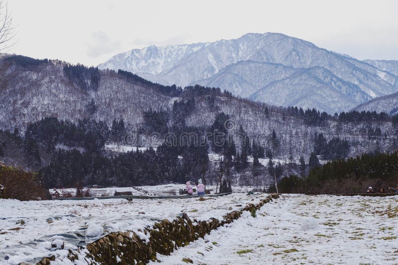 Shirakawago en invierno nieve cayendo sobre la casa baja pueblo histórico en el valle japón fotos de archivo