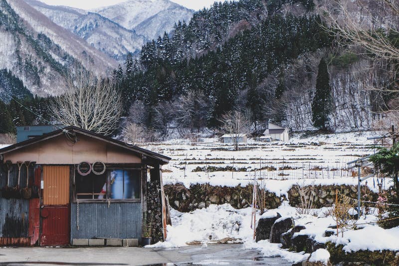 Shirakawago en invierno nieve cayendo sobre la casa baja pueblo histórico en el valle japón imagen de archivo