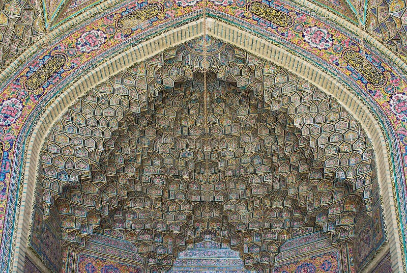 Beautiful old mosaic decorates exterior wall of the Nasir al-Mulk mosque in Shiraz, Iran. royalty free stock photo Beautiful old mosaic decorates exterior wall of the Nasir al-Mulk mosque in Shiraz, Iran. royalty free stock photo