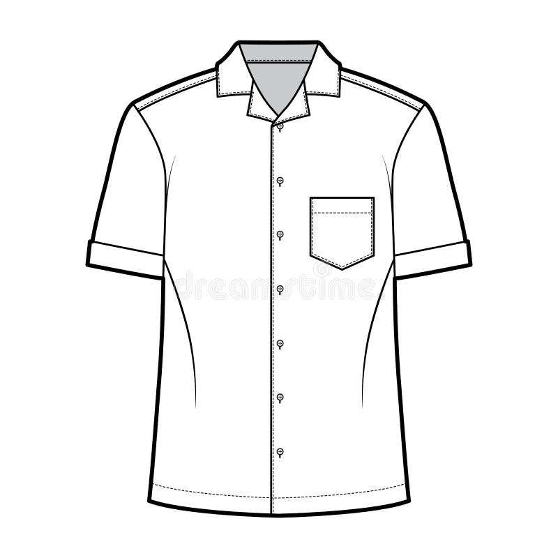 Shirt Camp Technical Fashion Illustration with Short Sleeves, Angled ...