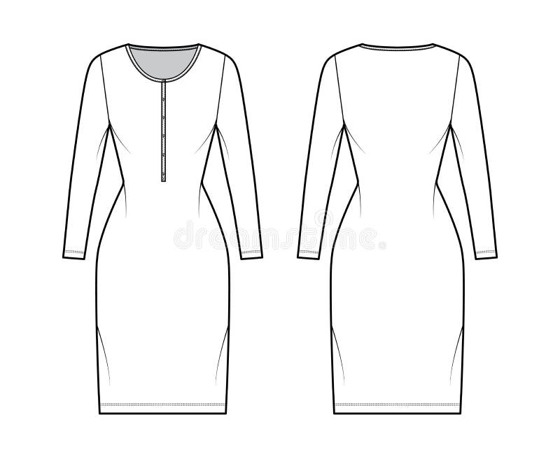 Shirt Dress Technical Fashion Illustration with Henley Neck, Long ...