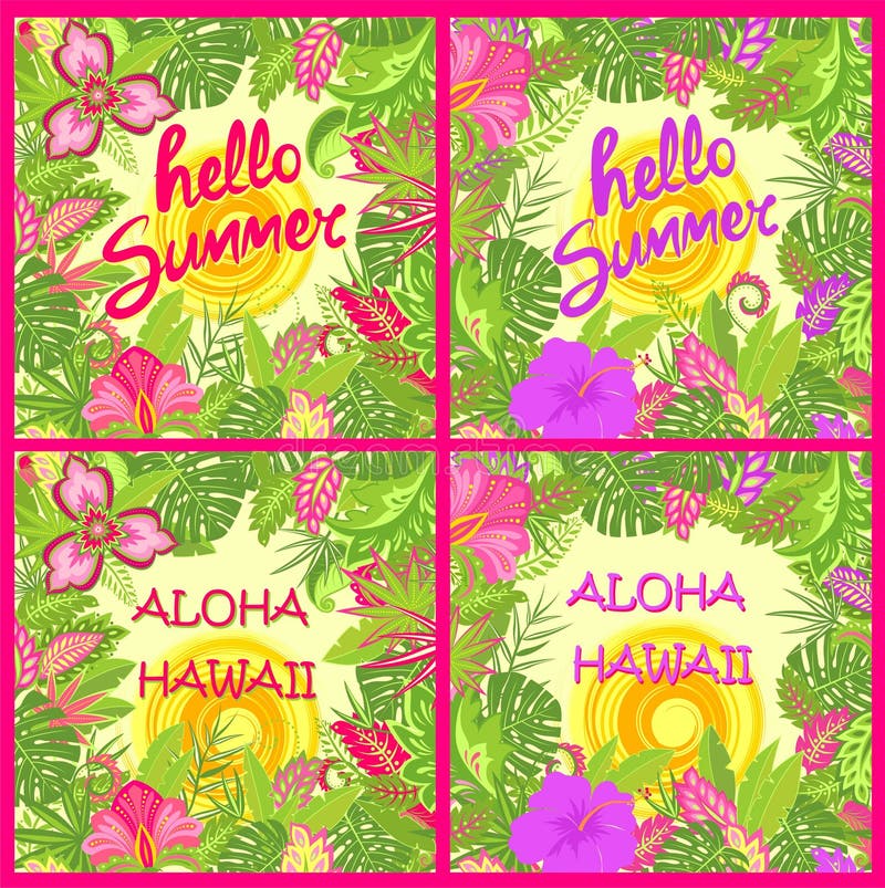 Shirt summer backgrounds variation with Aloha Hawaii and Hello summer lettering, tropical leaves, hot sun and exotic flowers for T