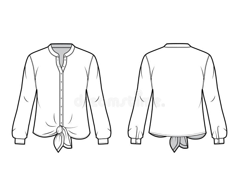 Shirt Technical Fashion Illustration with Curved Mandarin Stand Collar ...