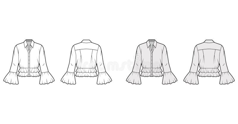 Shirt Technical Fashion Illustration with Peplum Hem, Collar with Stand ...