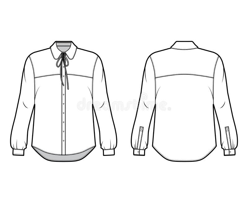 Shirt Technical Fashion Illustration with Peter Pan Collar and Slim Bow ...