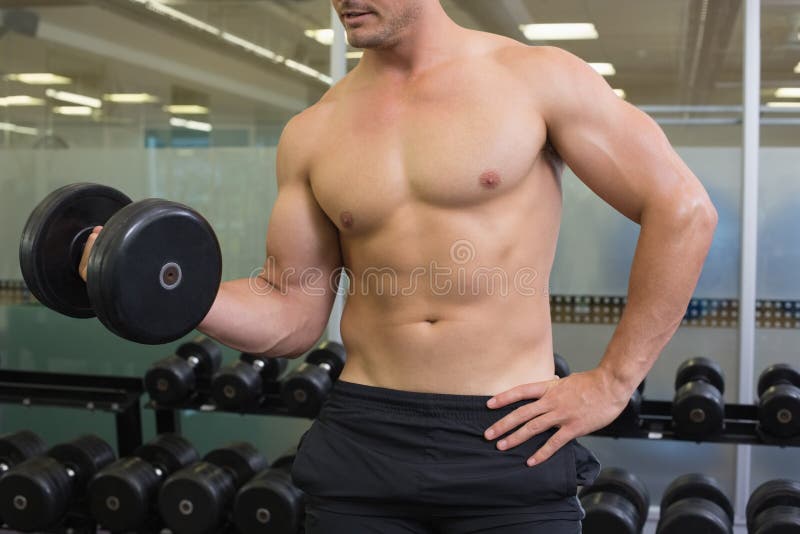 Mid Section Shirtless Man Lifting Heavy Dumbbell Stock Photos Free