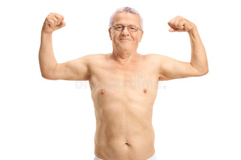 Shirtless elderly man flexing his biceps isolated on white background