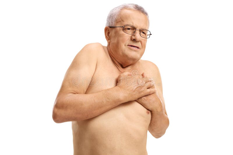 Shirtless mature man experiencing chest pain stock photography.