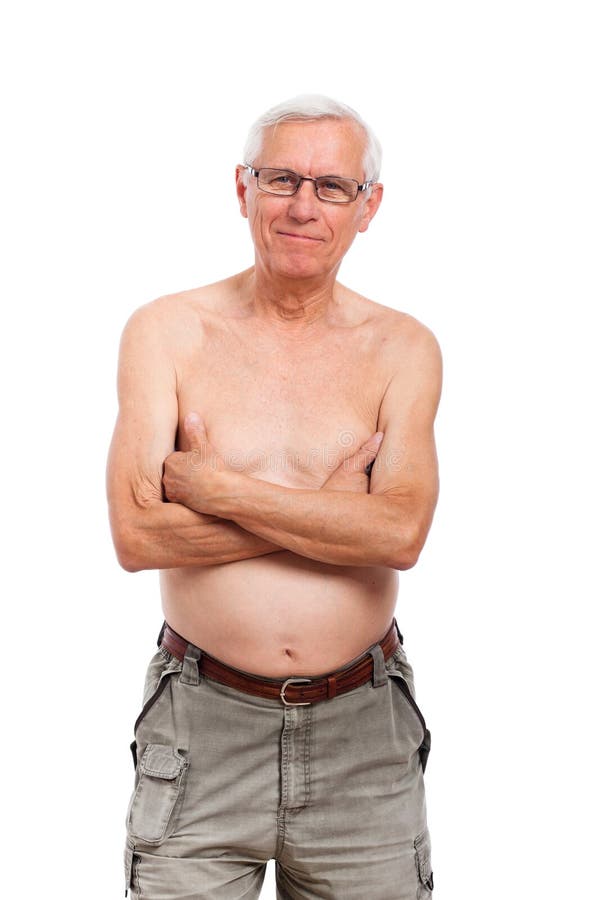 Shirtless senior man portrait stock photo.