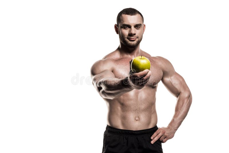 Shirtless spiersportman die die appel voorstellen op wit wordt geïsoleerd stock afbeelding Shirtless spiersportman die die appel voorstellen op wit wordt geïsoleerd stock afbeelding