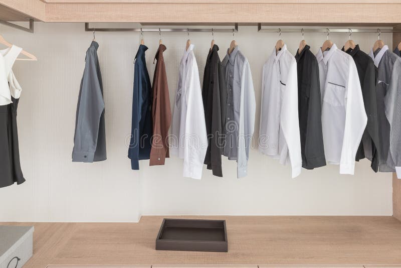 Shirts and Dress Hanging on Rail in Wooden Wardrobe Stock Image - Image ...