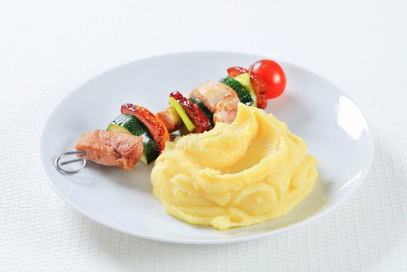 Shish kebab with mashed potato