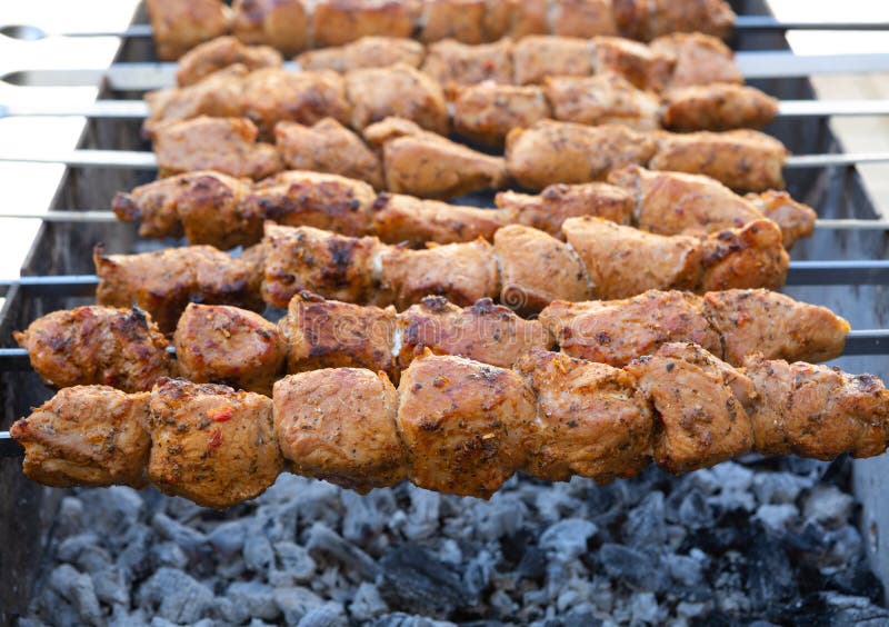 Shish Kebab is Prepared on a Charcoal Grill Stock Photo Image of
