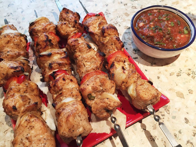 Shish Kebab on Skewers on a Plate and Salsa Sauce. Stock Image Image of lunch, background