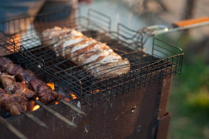 Shish kebab στη σχάρα Μαριναρισμένο shashlik να προετοιμαστεί σε μια σχάρα σχαρών πέρα από τον ξυλάνθρακα στοκ εικόνες Shish kebab στη σχάρα Μαριναρισμένο shashlik να προετοιμαστεί σε μια σχάρα σχαρών πέρα από τον ξυλάνθρακα στοκ εικόνες
