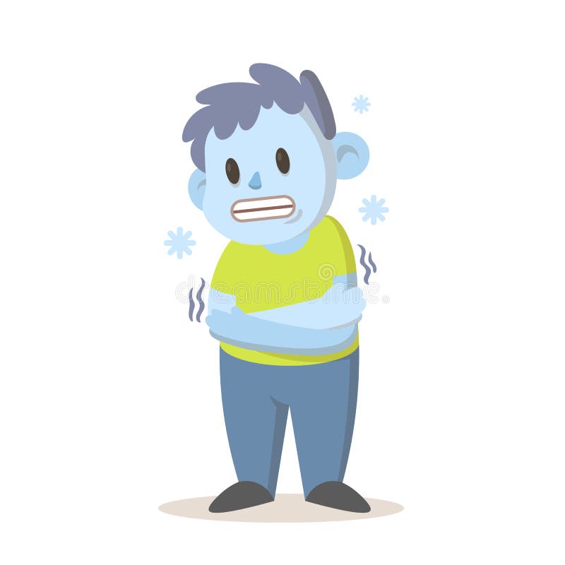 Shivering boy feeling cold, freezing temperature, cold weather. Cartoon character design. Flat vector illustration