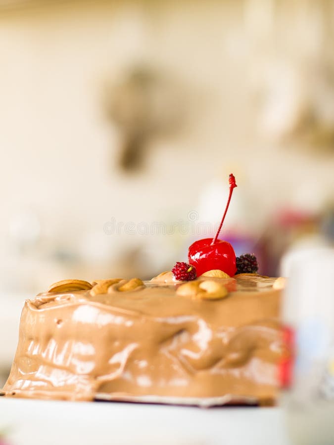 Shock Chocolate Cake Topped with Cherries Red Berries and Almond Stock Photo Image of white
