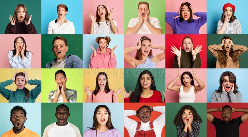 Shock, surprise. Collage made of astonished people of different age gender, race and nationality posing over multicolor stock photo