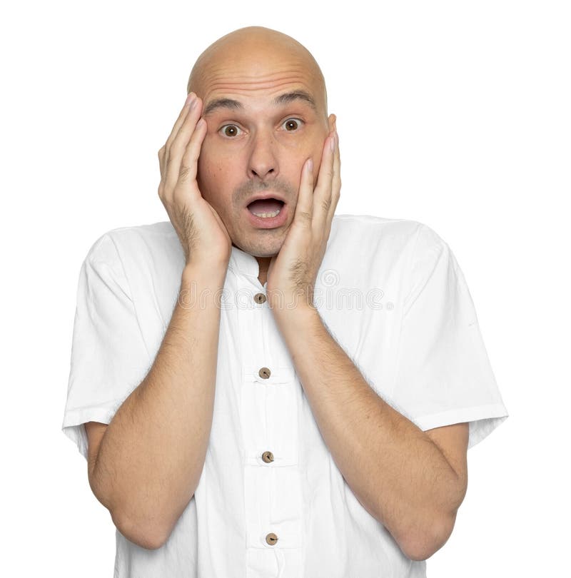 Shocked bald man in white shirt. Isolated stock photo Shocked bald man in white shirt. Isolated stock photo