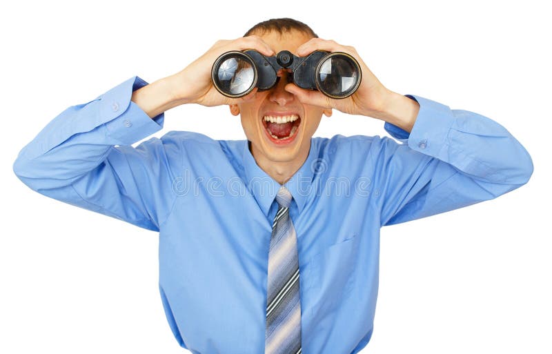 Shocked business man with blue tie with binoculars