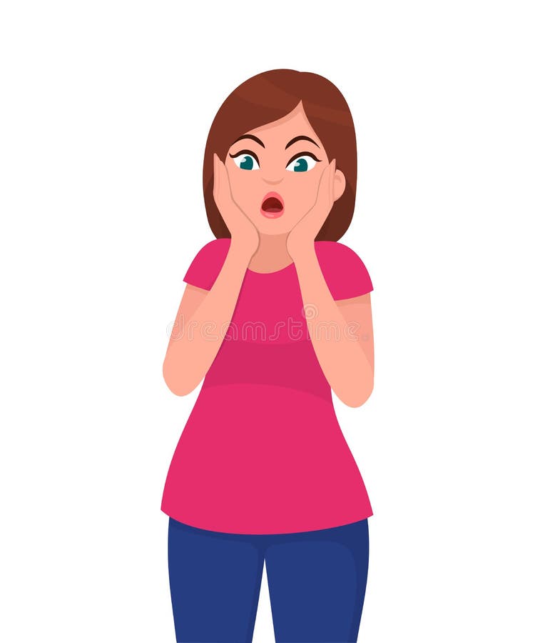 Shocked Pretty Young Woman Facial Expression, Holding Hands on Face Cheek.  Human Emotion and Body Language Concept Illustration. Stock Vector -  Illustration of expression, cartoon: 121795123