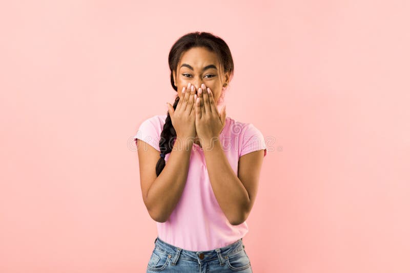 Shocked Woman Covering Her Mouth With Hands Pink Background Stock Image Image Of Concepts 