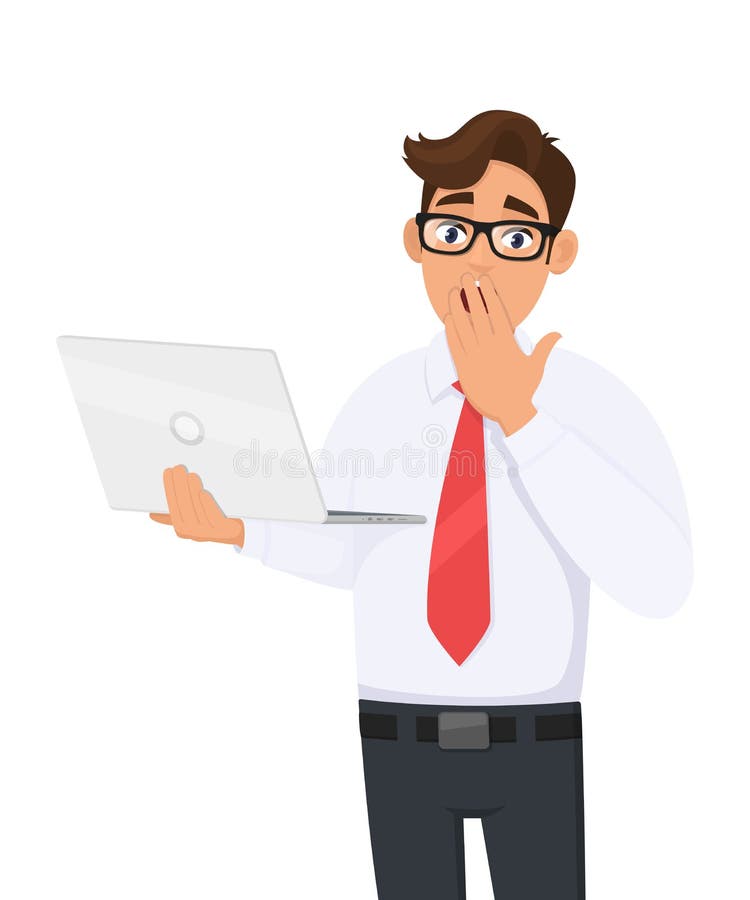 Shocked young business man holding laptop and covering mouth with hand. Trendy Person using or working computer. Male character. stock illustration
