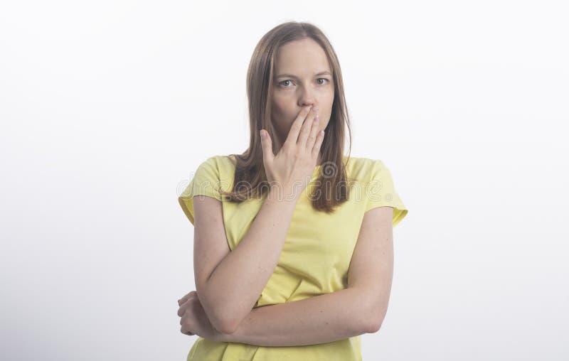 Shocking News. Surprised and Calm Woman Covers Her Mouth, Close-up,  Isolated on a White Background Stock Photo - Image of white, studio:  195679150