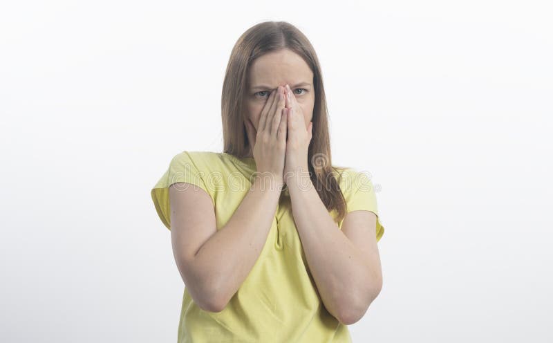 Shocking News Surprised Calm Woman Covers Her Mouth Close Isolated