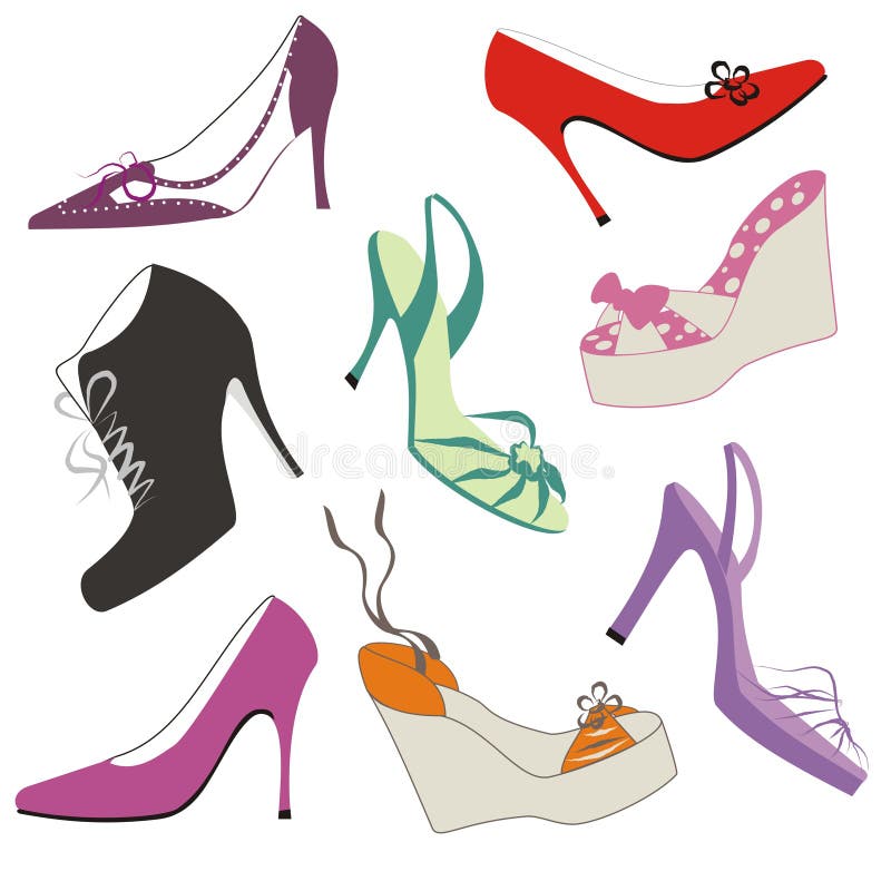 Abbildung von verschiedenen womens shoe fashion styles auf einem weißen hintergrund.