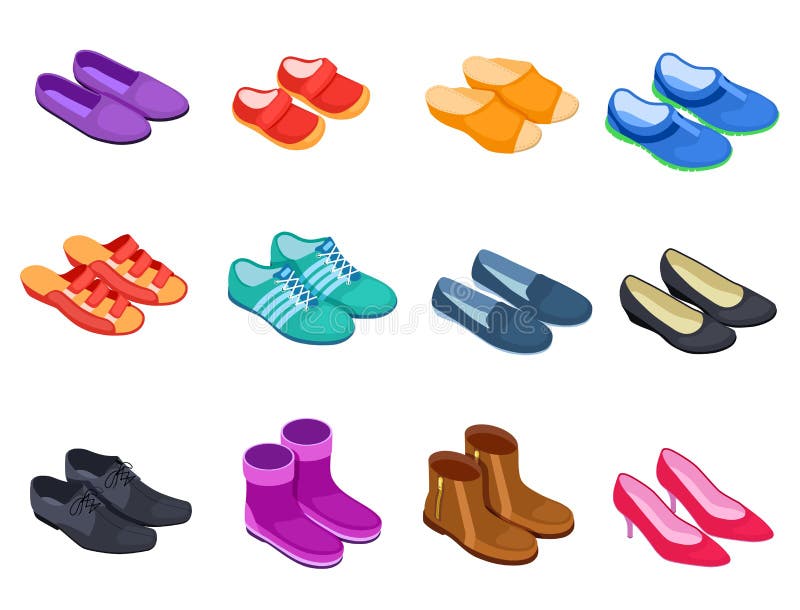 Shoe isometric. Slippers sports footwear sneakers male and female shoes, boots 3d isolated footwears icons set
