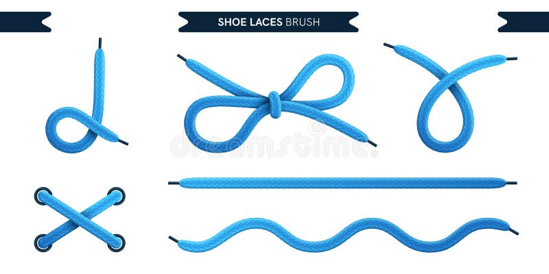 Shoe laces brush set isolated on a white background. Blue color. Realistic lace knots and bows. Modern simple design. Flat style