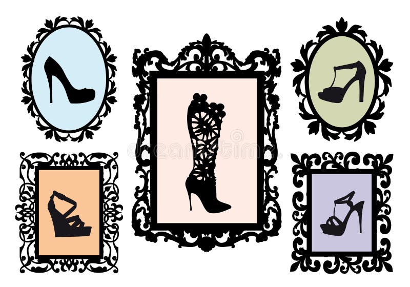 Shoe silhouettes in antique frames, vector set