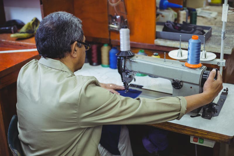 Shoemaker Using Sewing Machine Stock Image Image of business