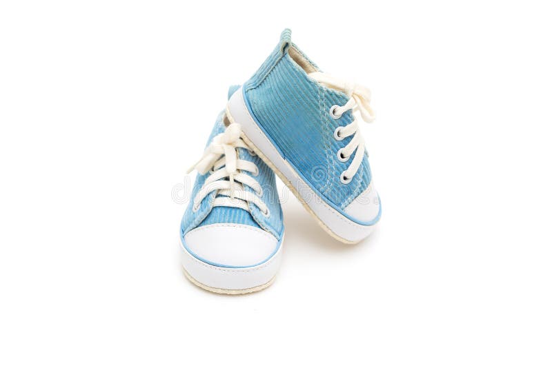 Shoes of Blue Color for the Baby on a White Background. Stock Photo