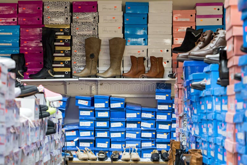 Shoes with Boxes on the Shelves in the Shop Stock Photo Image of line