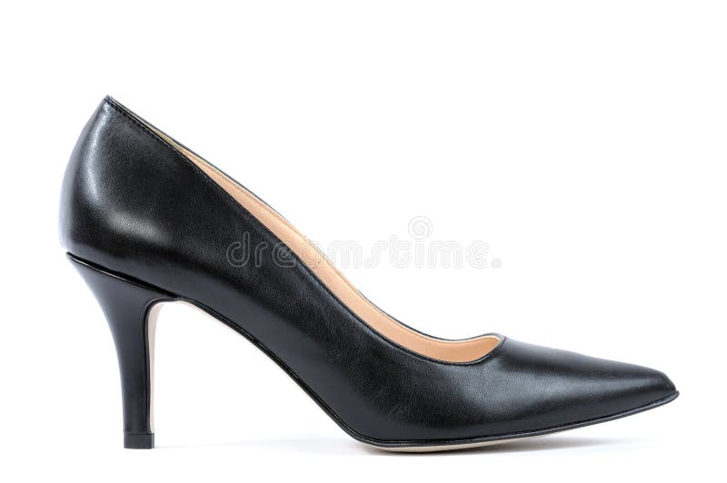 Shoes for women with high heel of black color photographed on white background.