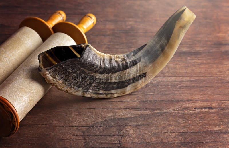 A Shofar Rams Horn and a Tora Scroll Stock Image Image of table