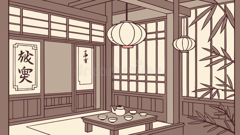 Shoji per interni in camera giapponese e Vector Design Generative AI illustrazione di stock