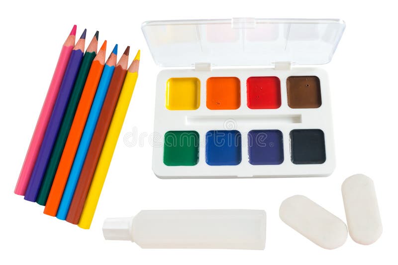 Shool accessories, pencil, eraser, glue, paintson on a white background stock images