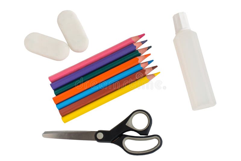 Shool Accessories, Pencil, Eraser, Glue, Scissors Royalty Free Stock
