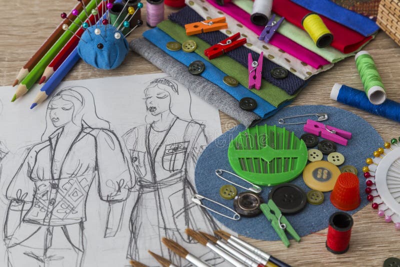 Fashion Design sketch - dressmaker Table stock image Fashion Design sketch - dressmaker Table stock image