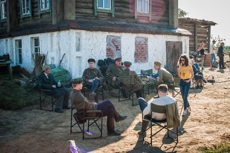 Shooting the film `Ilyinsky frontier` in the Kaluga region of Russia. In Medynsky district of Kaluga region military-historical film `Ilyinsky frontier` Studio royalty free stock photography Shooting the film `Ilyinsky frontier` in the Kaluga region of Russia. In Medynsky district of Kaluga region military-historical film `Ilyinsky frontier` Studio royalty free stock photography