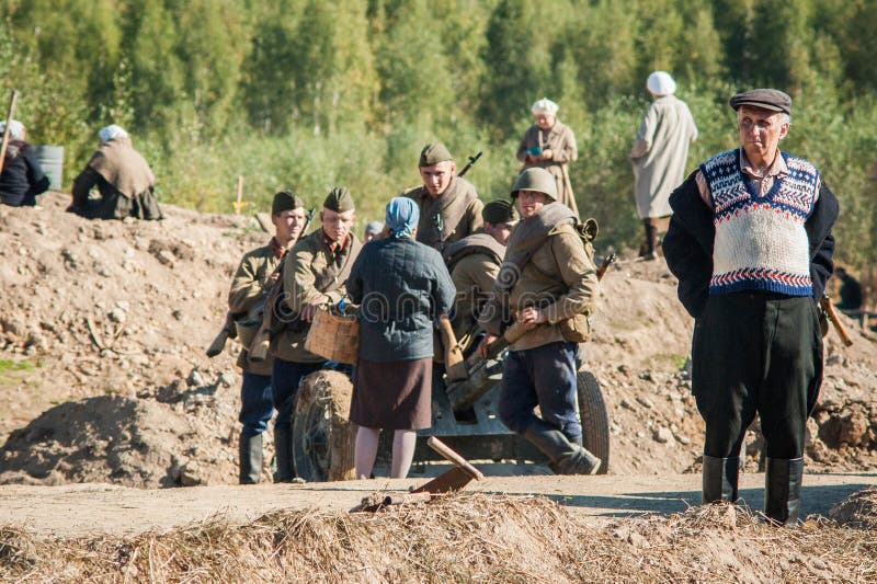 Shooting the film `Ilyinsky frontier` in the Kaluga region of Russia. In Medynsky district of Kaluga region military-historical film `Ilyinsky frontier` Studio stock image Shooting the film `Ilyinsky frontier` in the Kaluga region of Russia. In Medynsky district of Kaluga region military-historical film `Ilyinsky frontier` Studio stock image