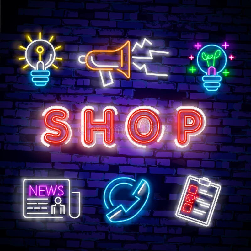 Shop Concept Banner in Fashionable Neon Style, Luminous Signboard ...